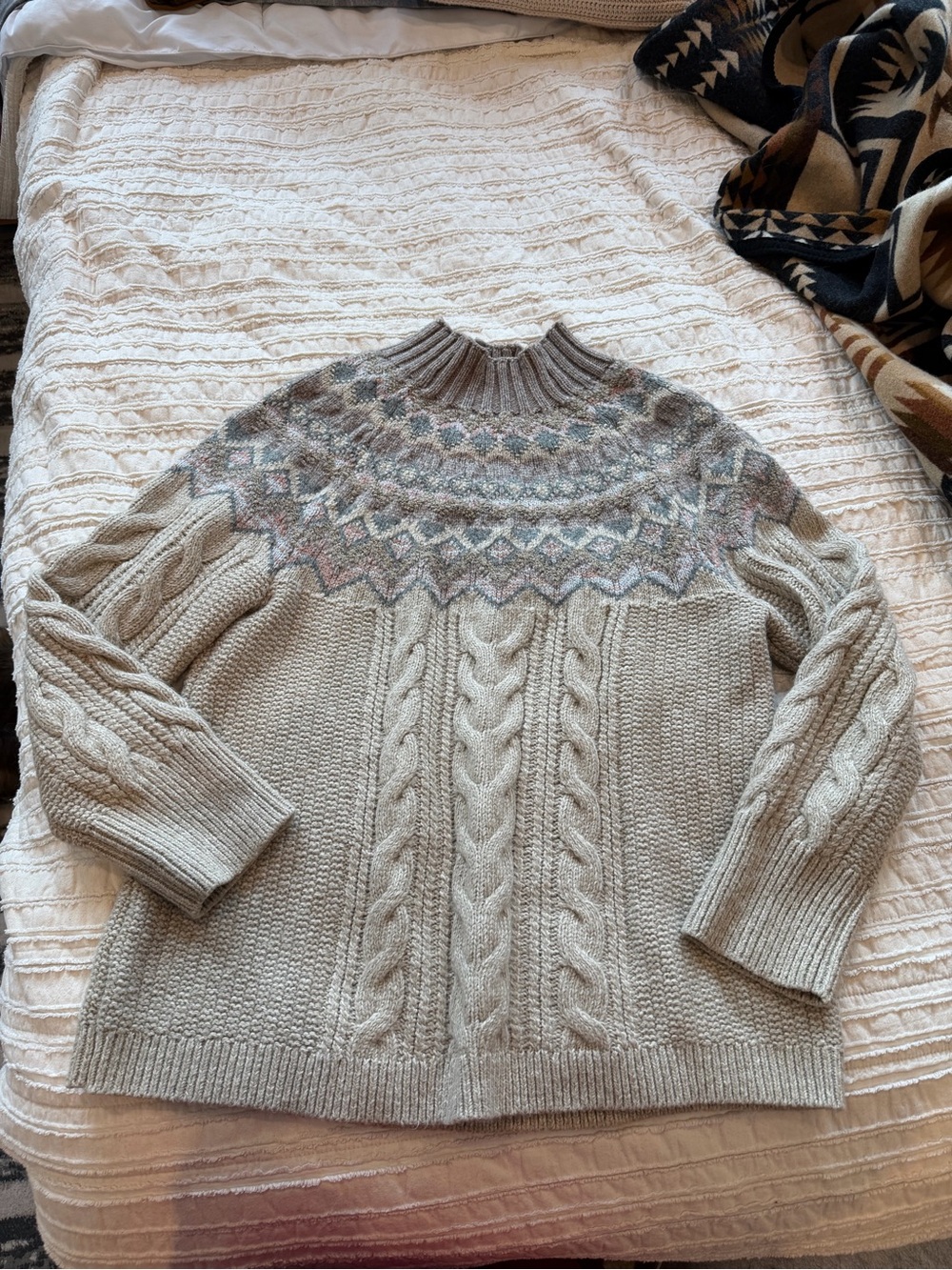 Chico's Cream Cable Knit Fair Isle Mock Neck Sweater